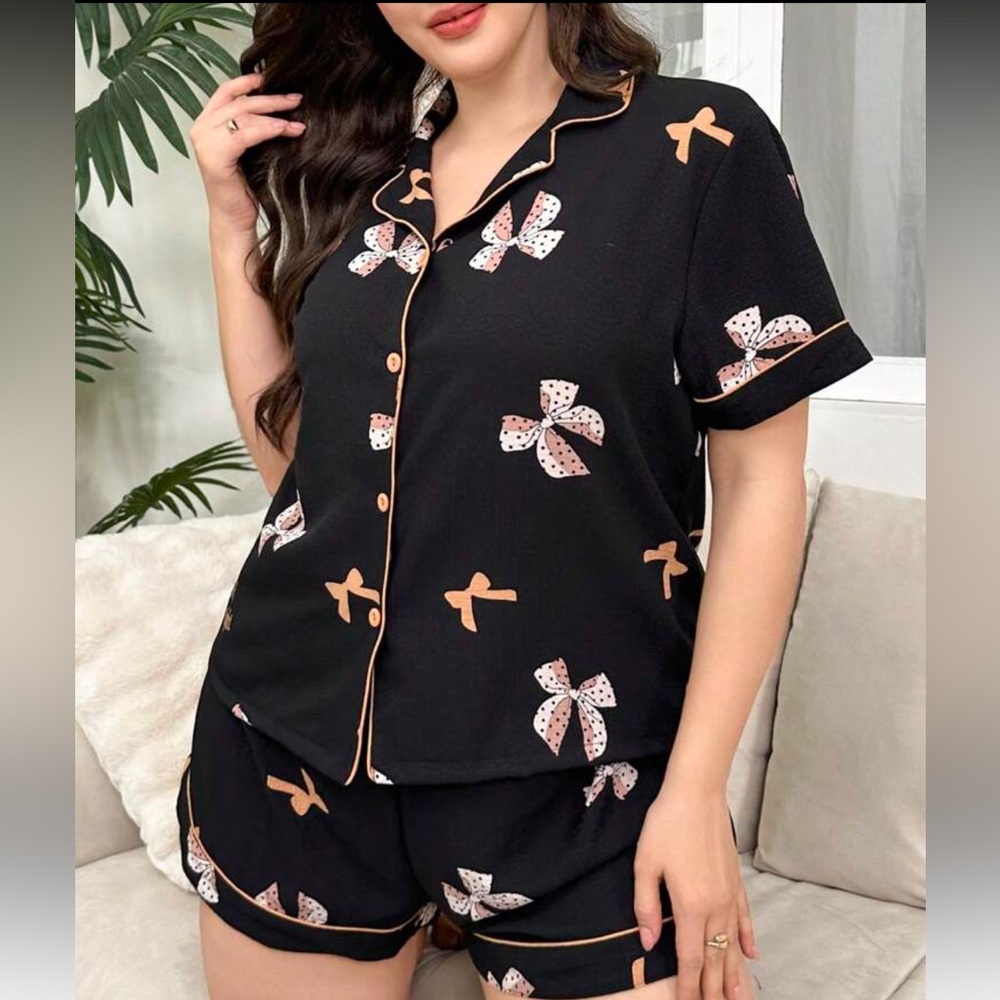 Shein Women’s Black Bow-Print Short Pajama Set 3X